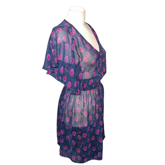 As U Wish Womens Sheer Peacock Feather Print Swim Cover Dress Sz Large V-Neck Fl - Picture 12 of 12